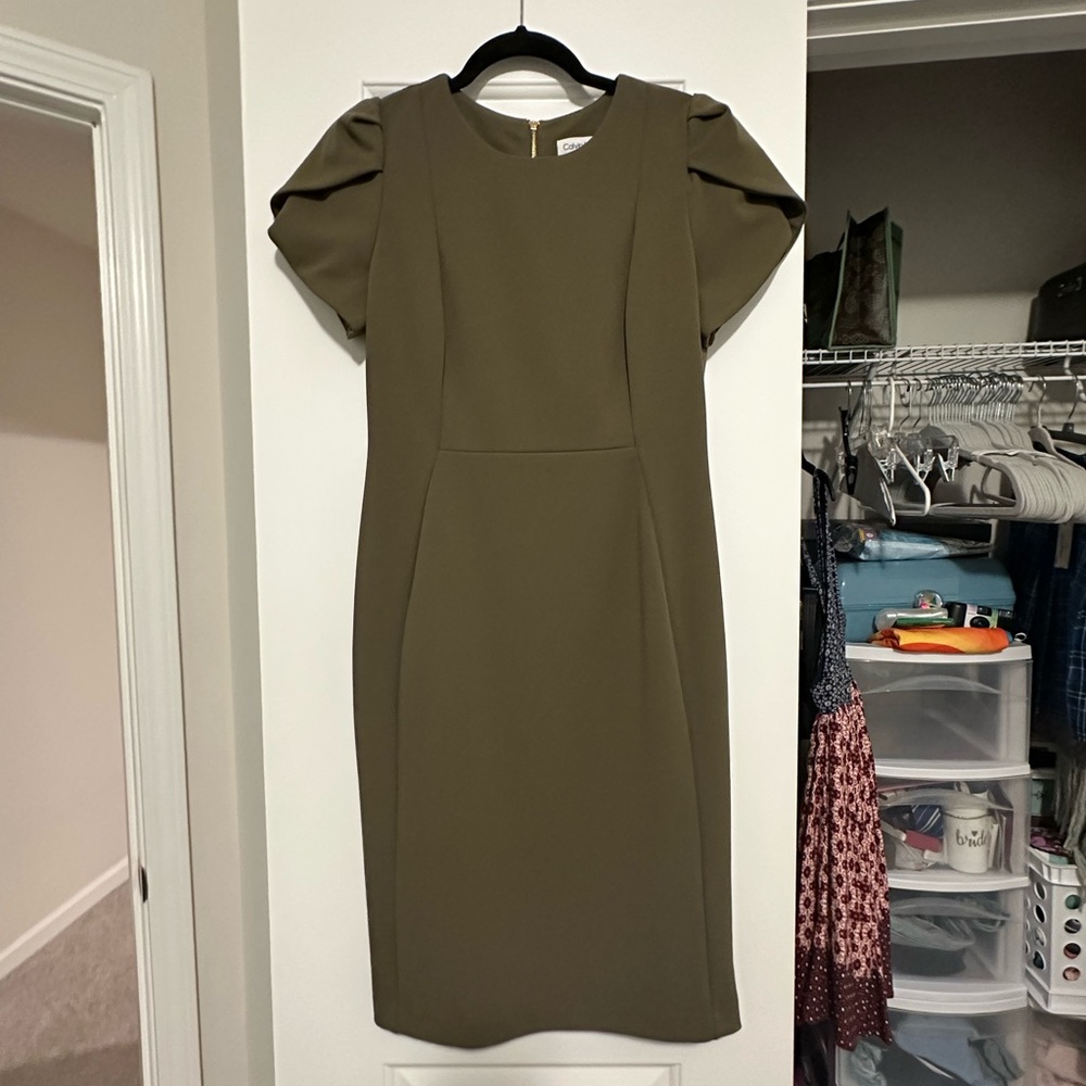 Calvin Klein Olive Midi Dress with Puff Sleeves